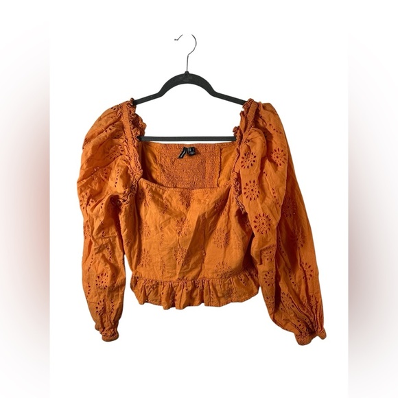 Vero Moda Orange Eyelet Puff Sleeve Peplum Blouse Size L - Picture 1 of 7
